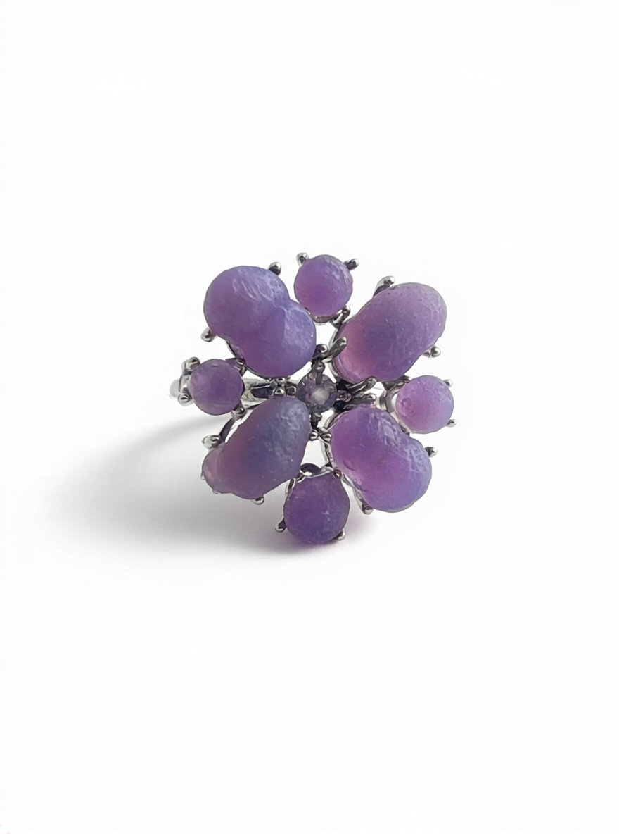 Raw purple grape agate cluster ring front view
