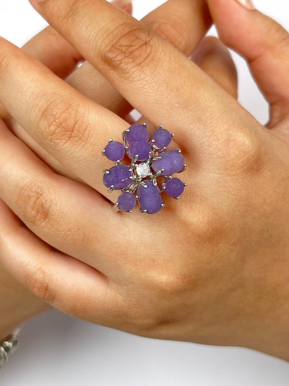 Raw purple grape agate cluster ring worn on hand
