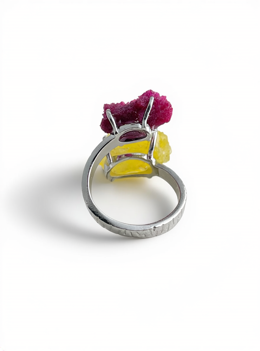 back view of adjustable raw crystal ring with ruby and brucite