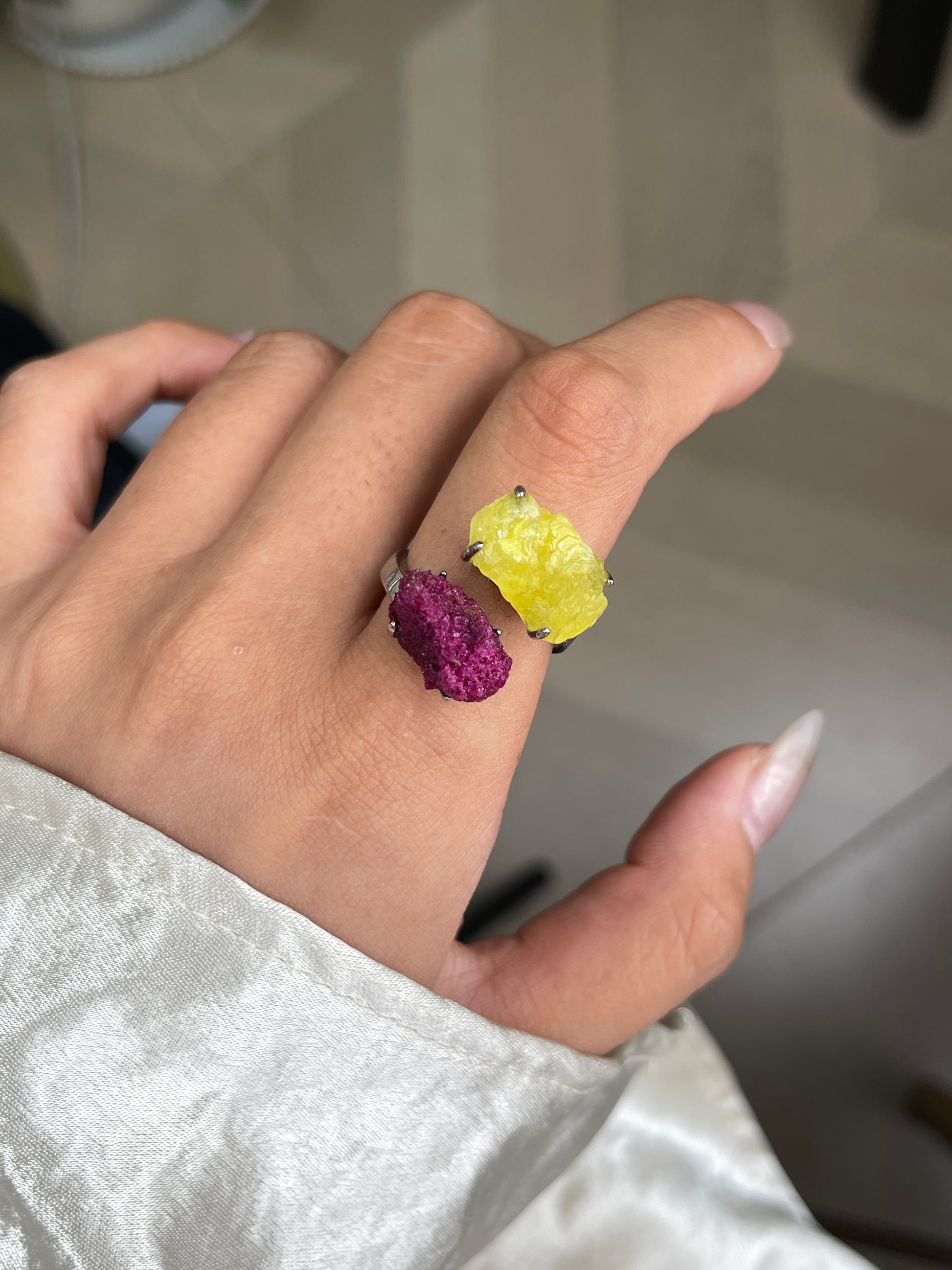 raw red corundum ruby and brucite ring on hand natural crystal jewelry