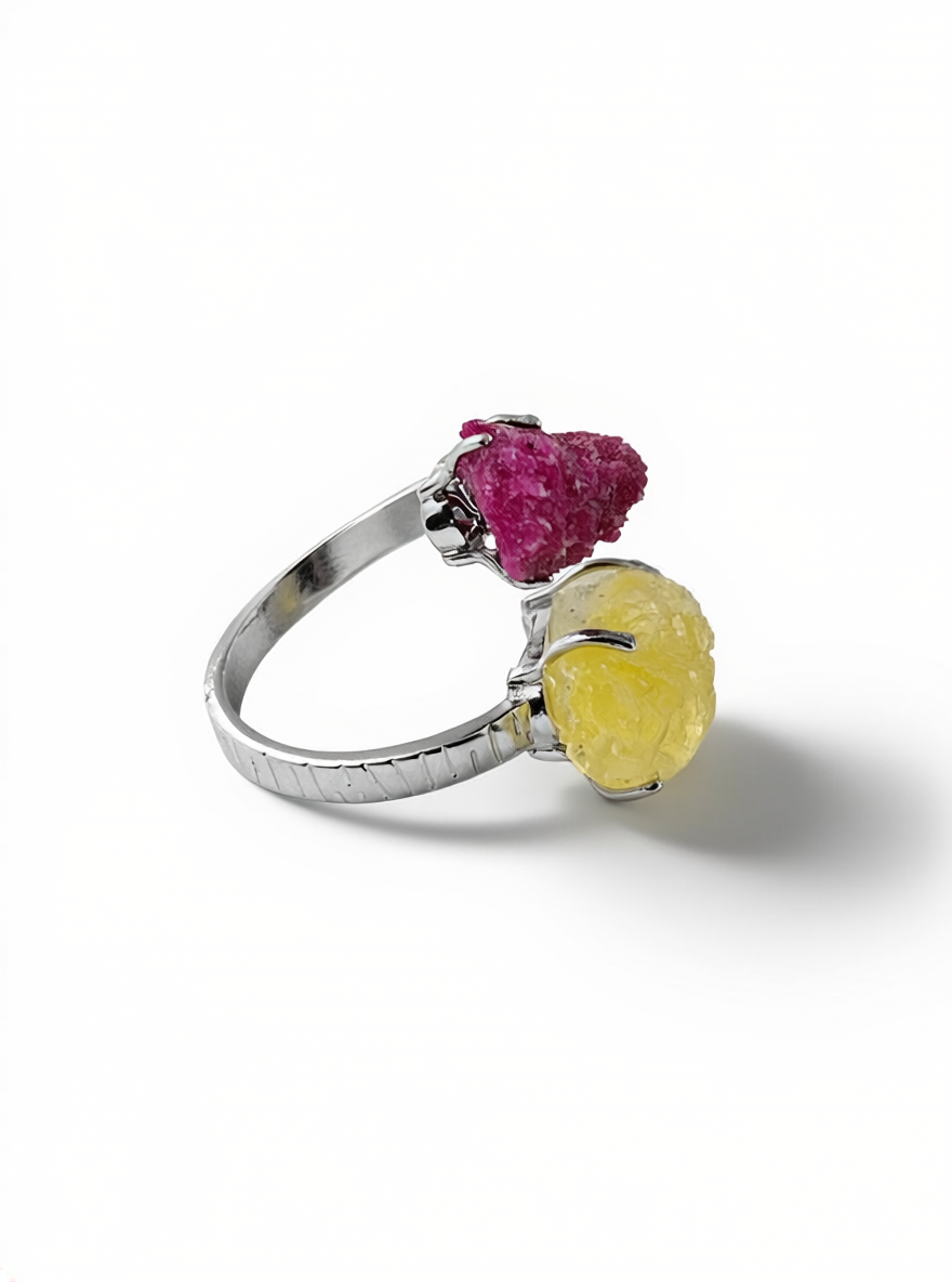 side view of raw red corundum ruby and brucite ring