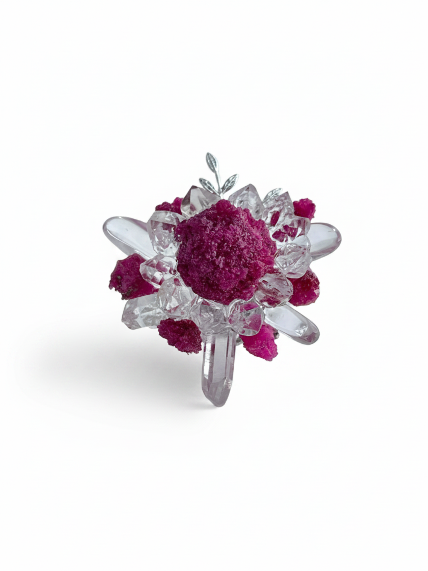 Raw ruby Herkimer Diamond Quartz and clear quartz flower ring front view
