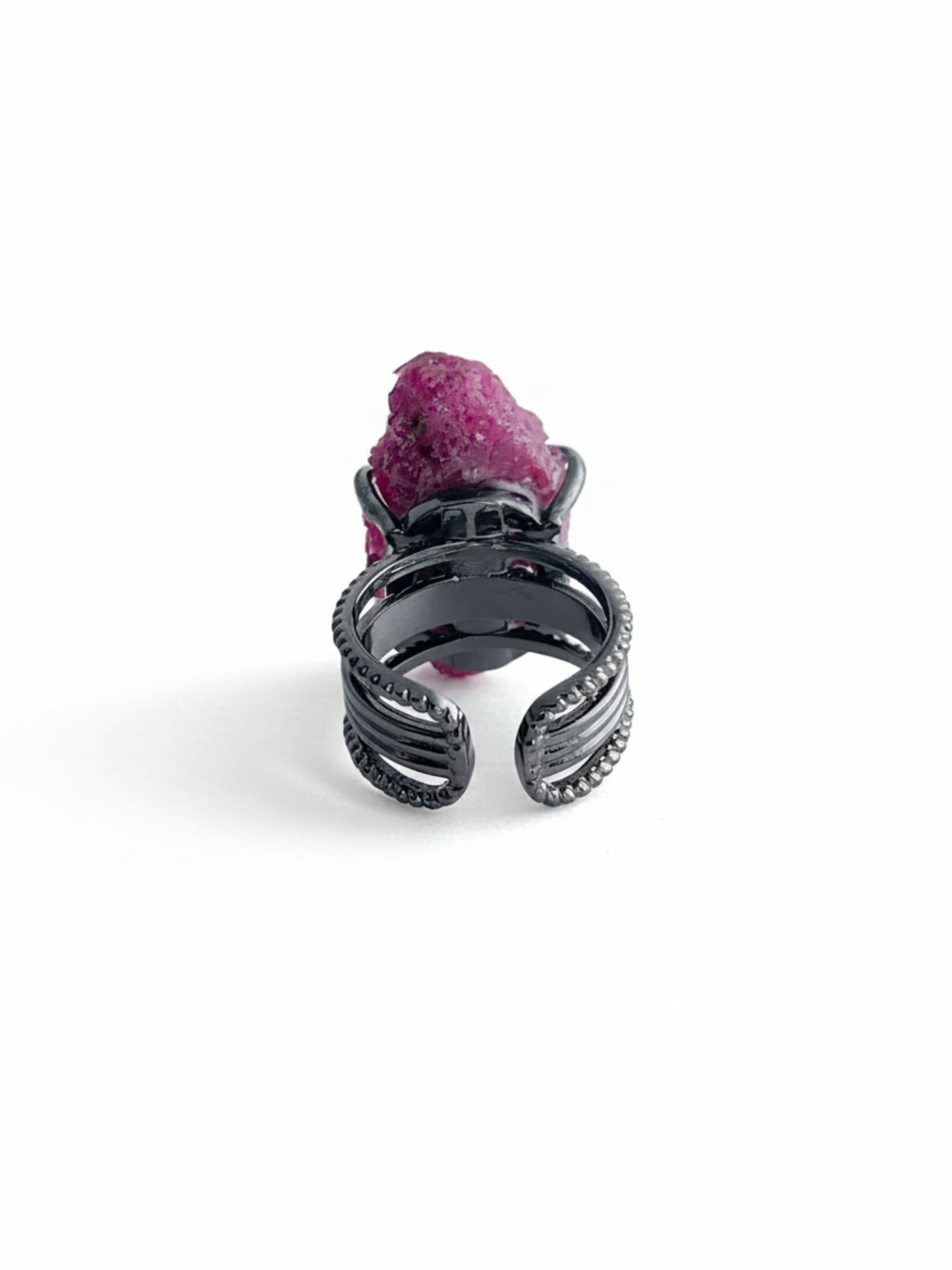 Raw Ruby Red Corundum mineral specimen ring back view