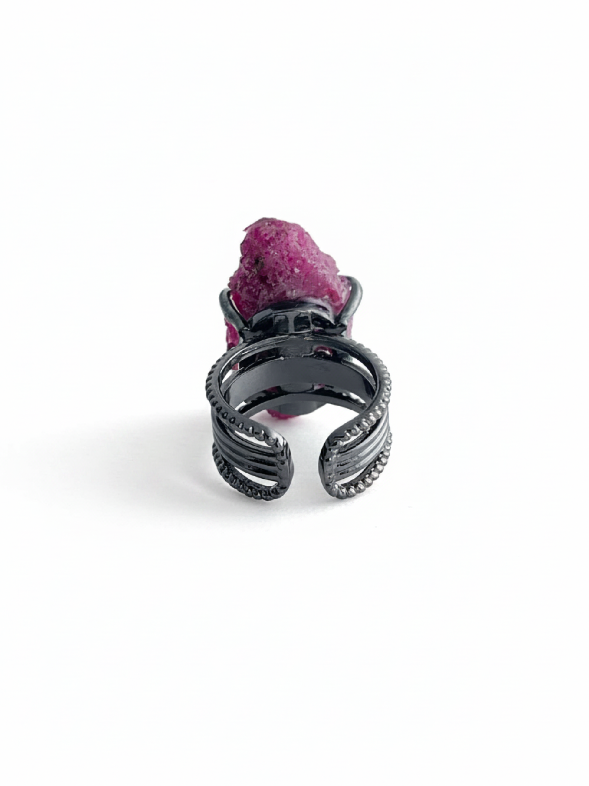 Raw Ruby Red Corundum mineral specimen ring back view