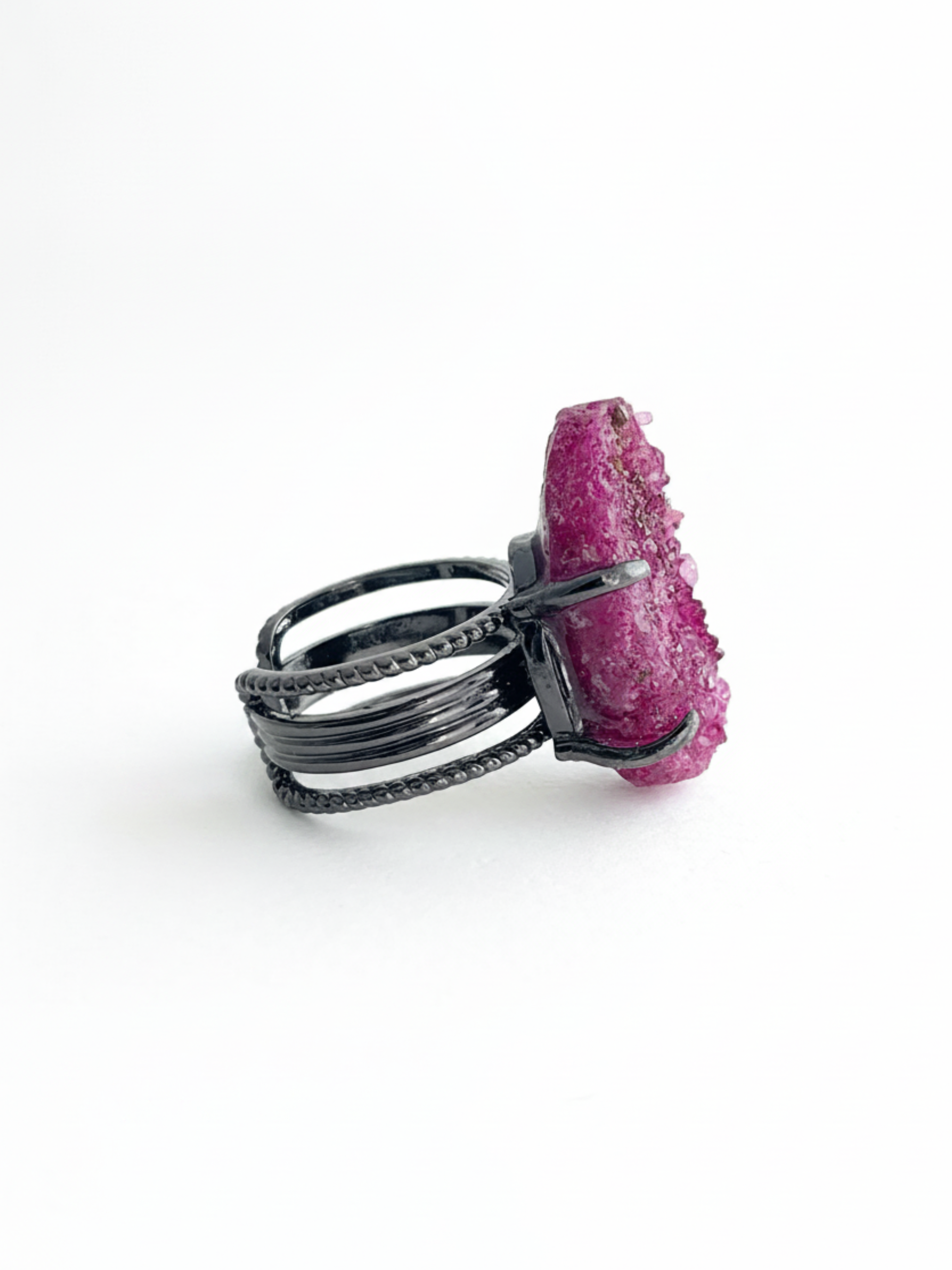 Raw Ruby Red Corundum mineral specimen ring side view