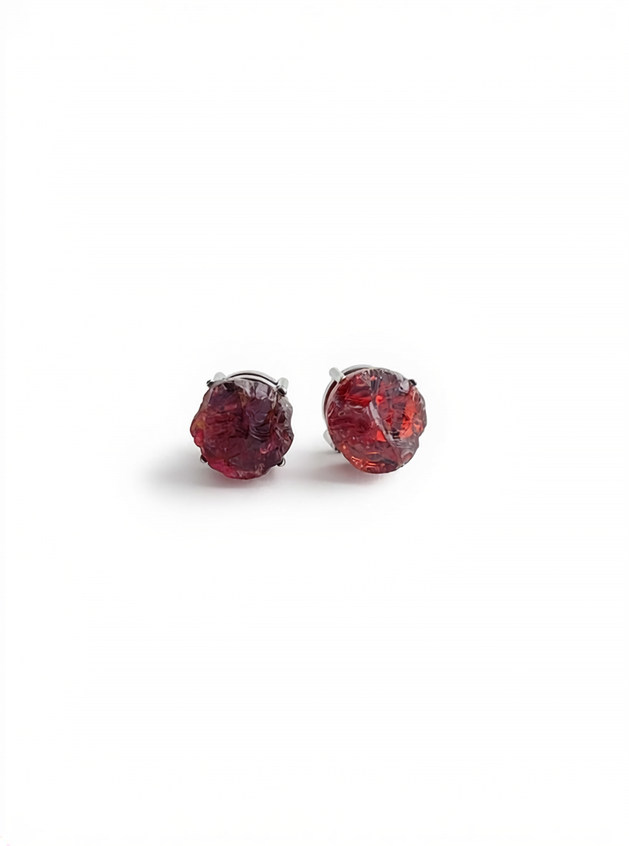 Raw Sri Lankan garnet stud earrings front view in natural crystal form