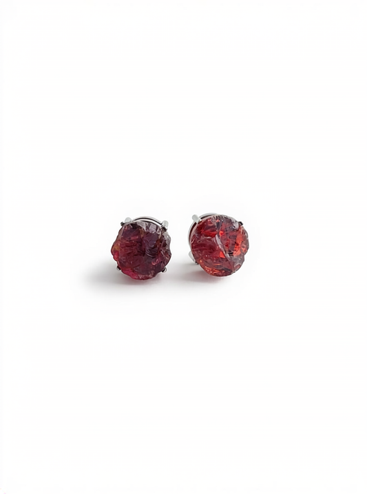 Raw Sri Lankan garnet stud earrings front view in natural crystal form