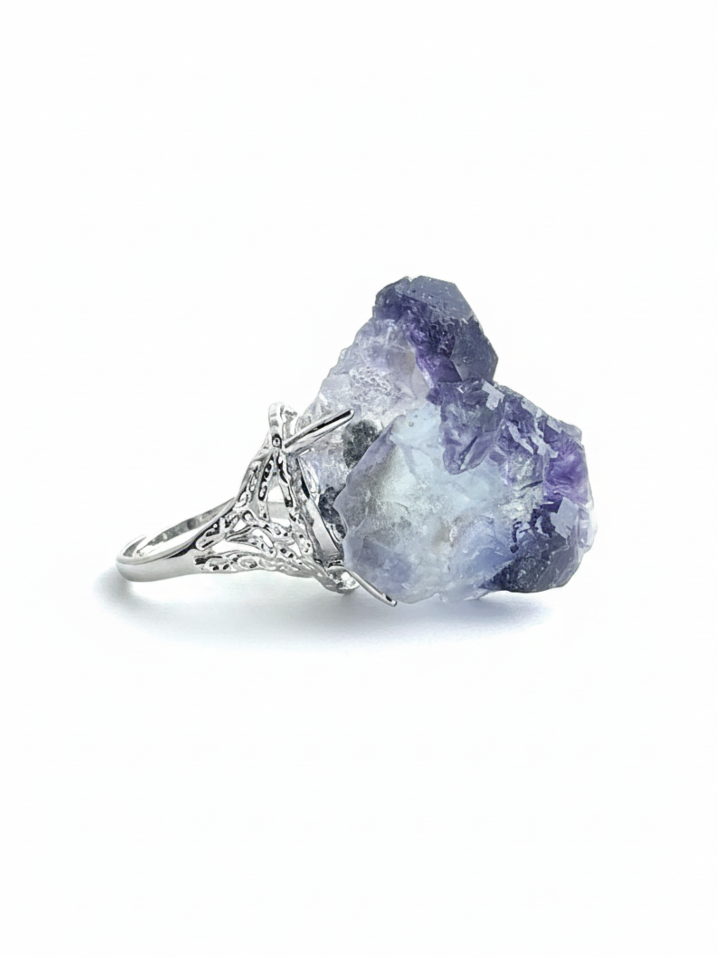 Side view of raw Tanzanite Fluorite crystal ring with natural cubic crystal structure