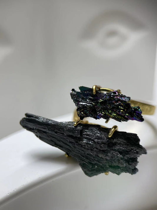 Feather Black Tourmaline & Rainbow Chalcopyrite Ring