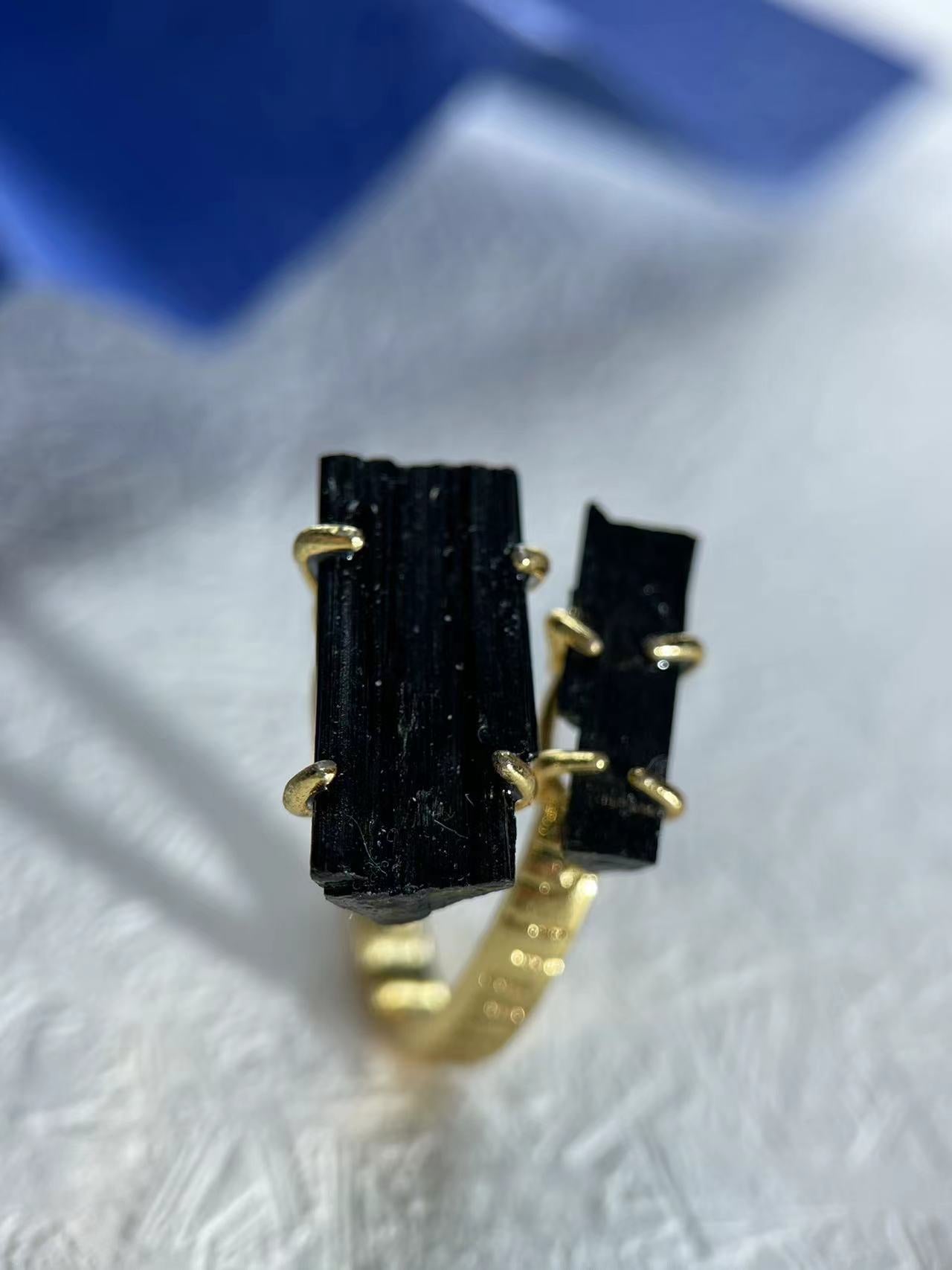 Black Tourmaline Raw Twin Crystal Ring