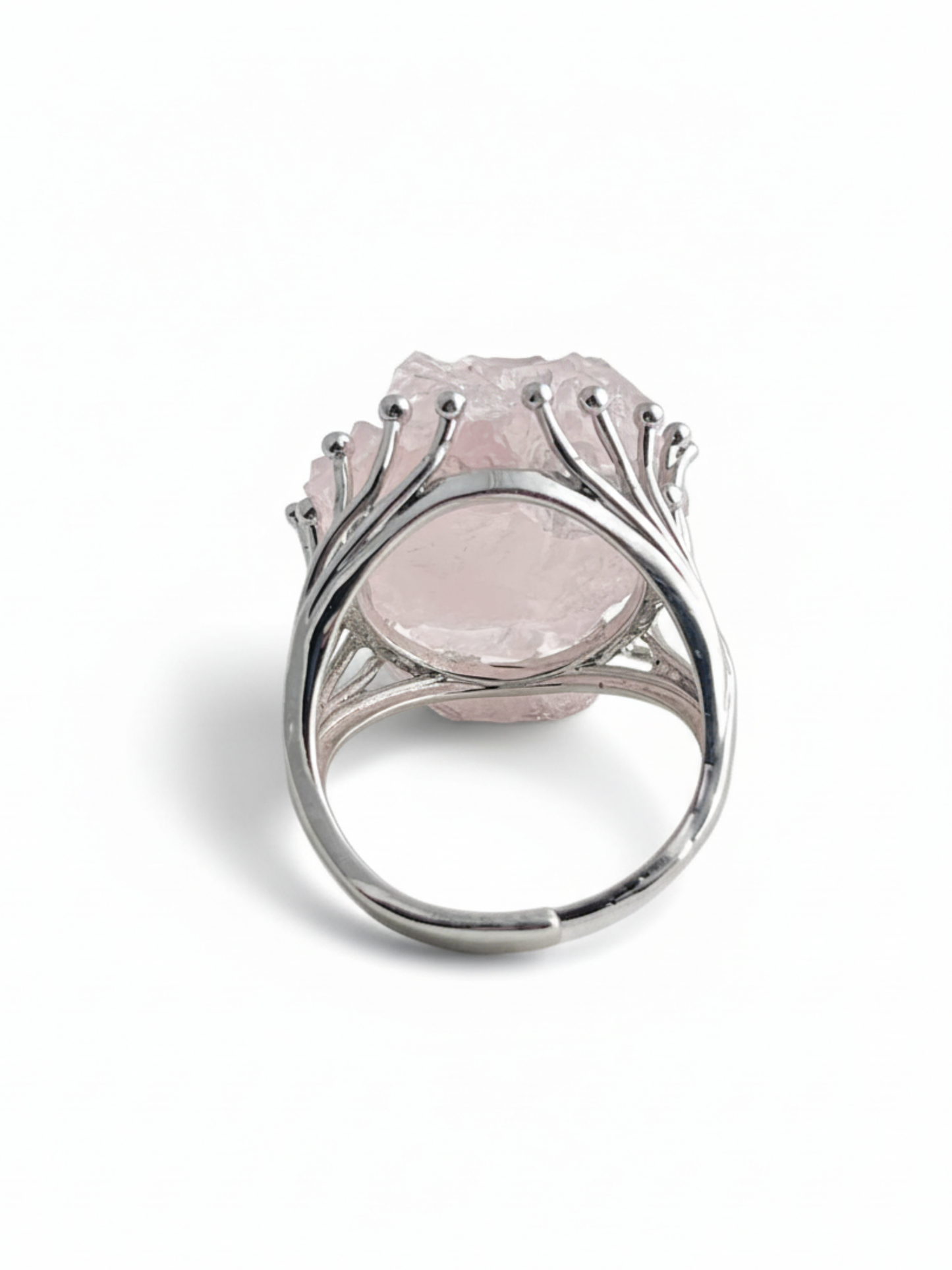 back view of rose quartz bouquet ring with hand-assembled raw crystals