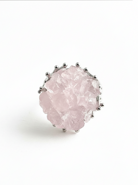 Rose quartz bouquet ring with hand-assembled raw crystals front view