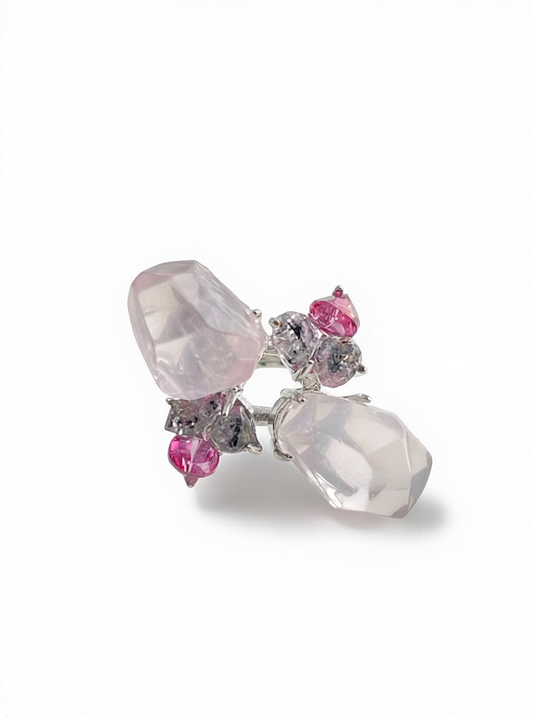 rose quartz herkimer diamond pink topaz ring natural crystal flower