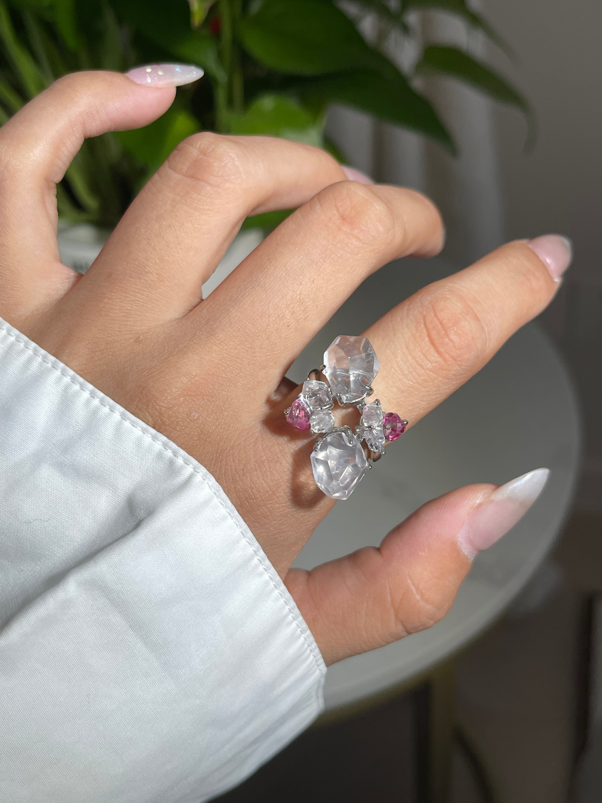 crystal flower ring rose quartz and herkimer diamond Pink Topaz close up