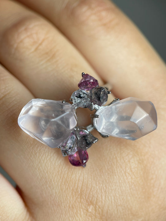 crystal flower ring rose quartz and herkimer diamond Pink Topaz close up