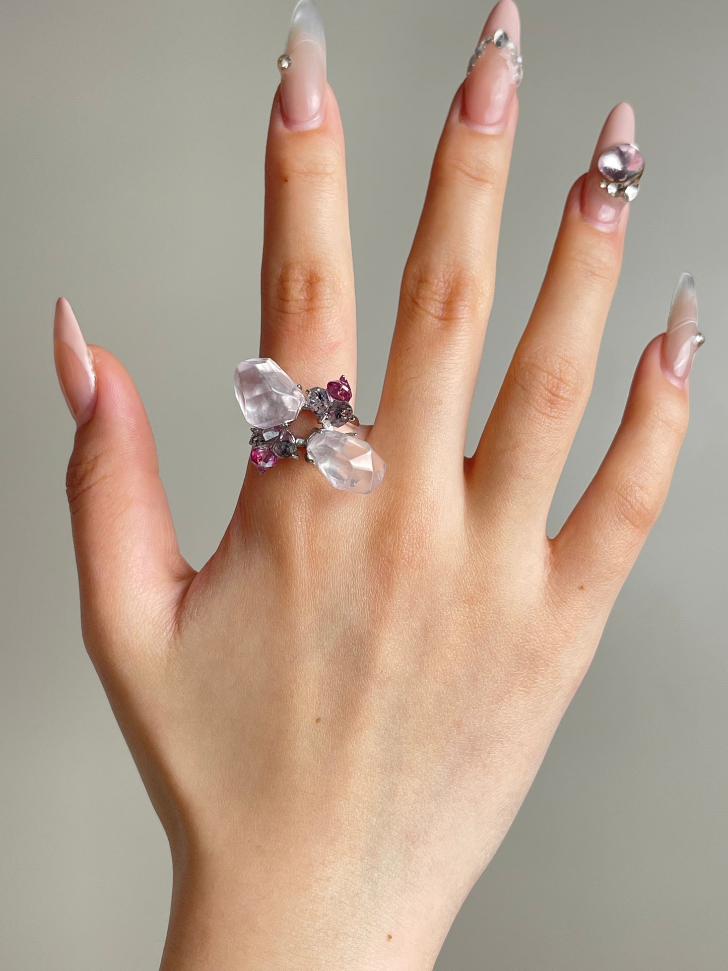 Rose Quartz & Herkimer Diamond Ring with Pink Topaz on hand
