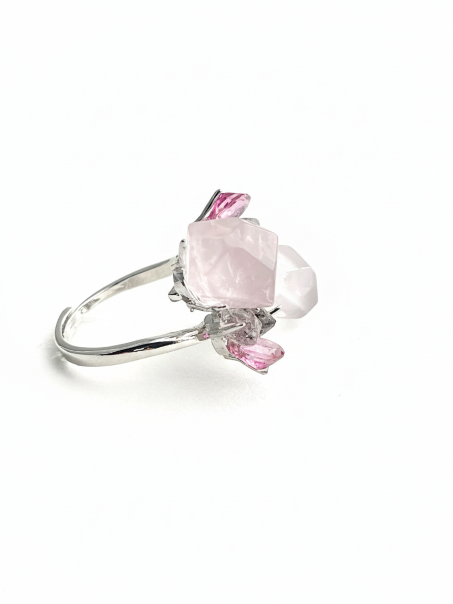 Rose Quartz & Herkimer Diamond Ring with Pink Topaz adjustable crystal ring side view