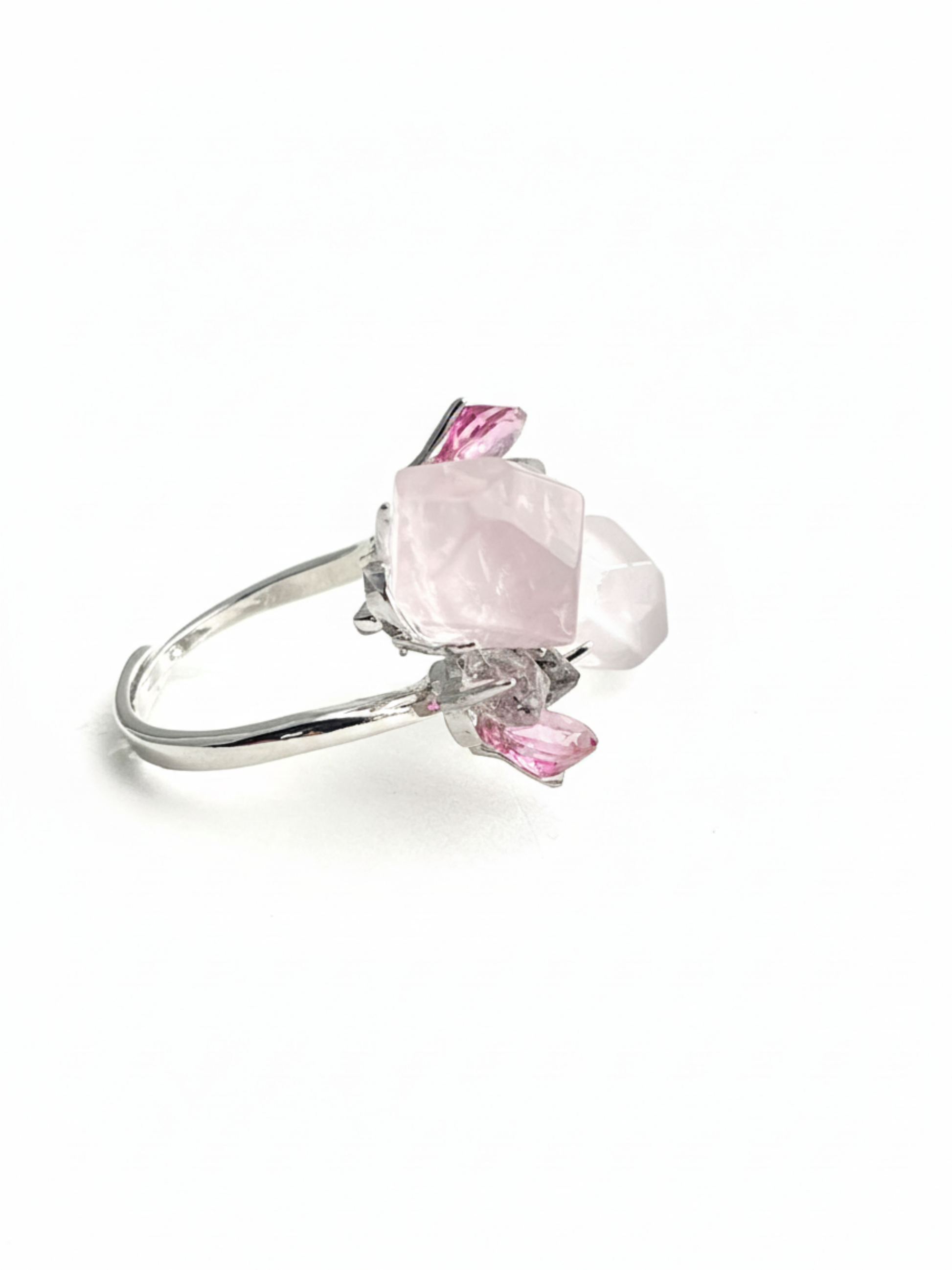 Rose Quartz & Herkimer Diamond Ring with Pink Topaz adjustable crystal ring side view