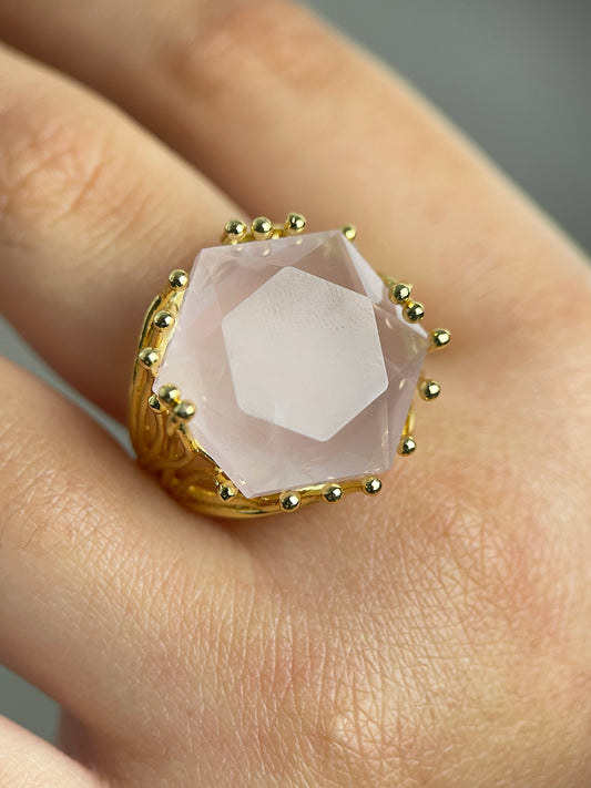 close-up brazilian rose quartz hexagon star ring