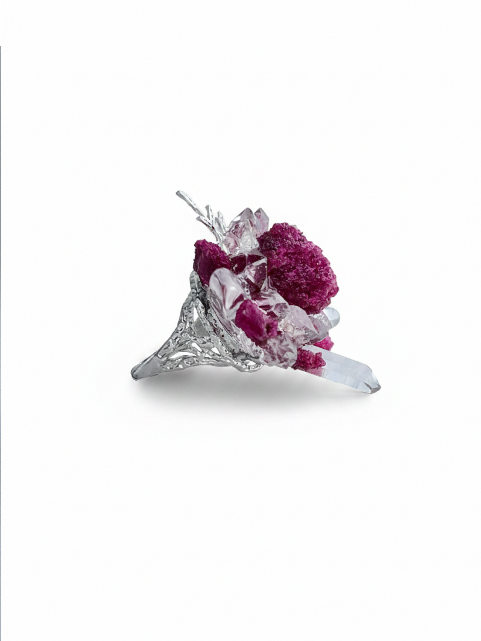 Side view of raw ruby Herkimer Diamond Quartz and clear quartz flower ring