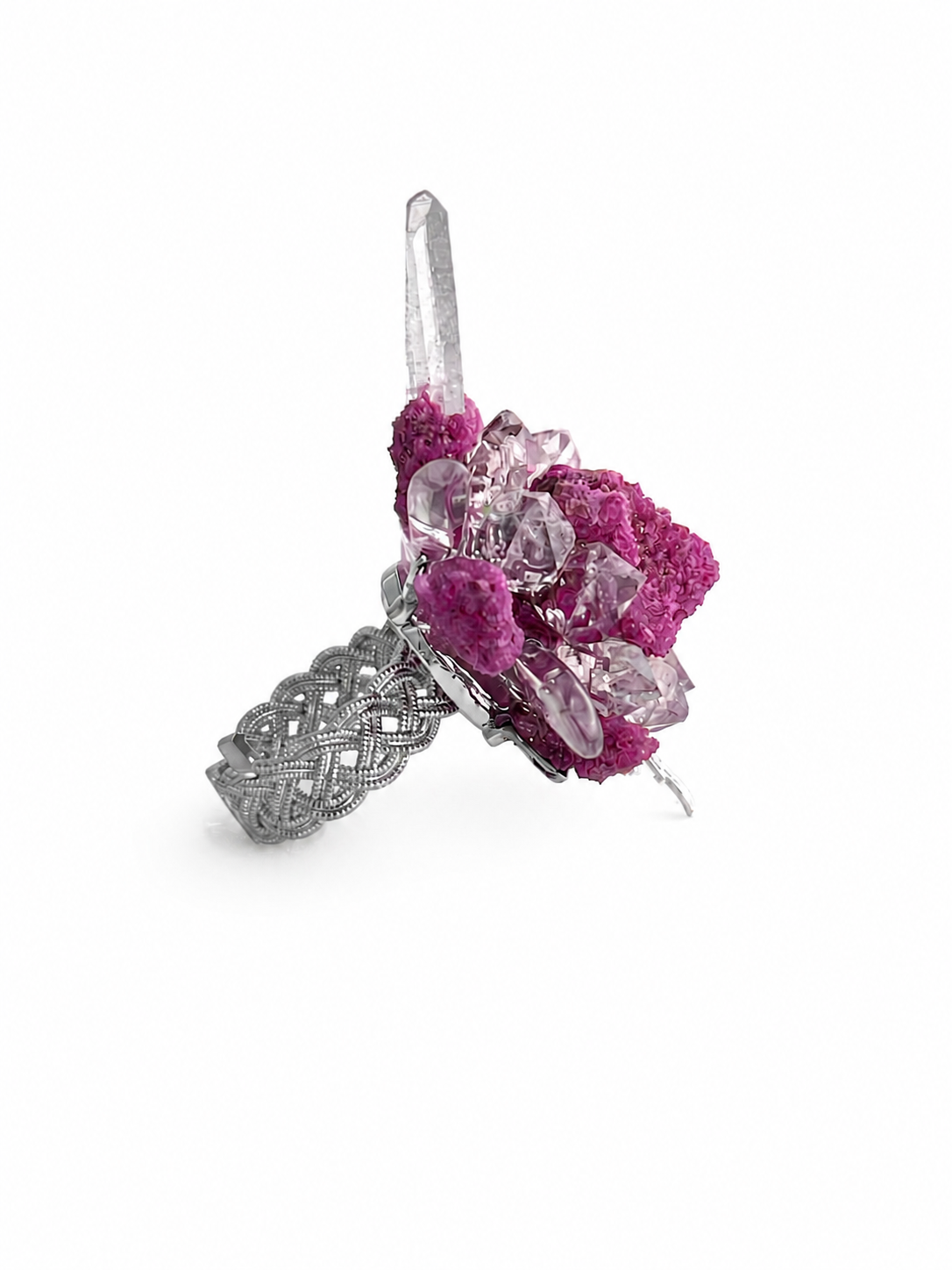 Side view of raw ruby Herkimer Diamond Quartz and clear quartz flower ring