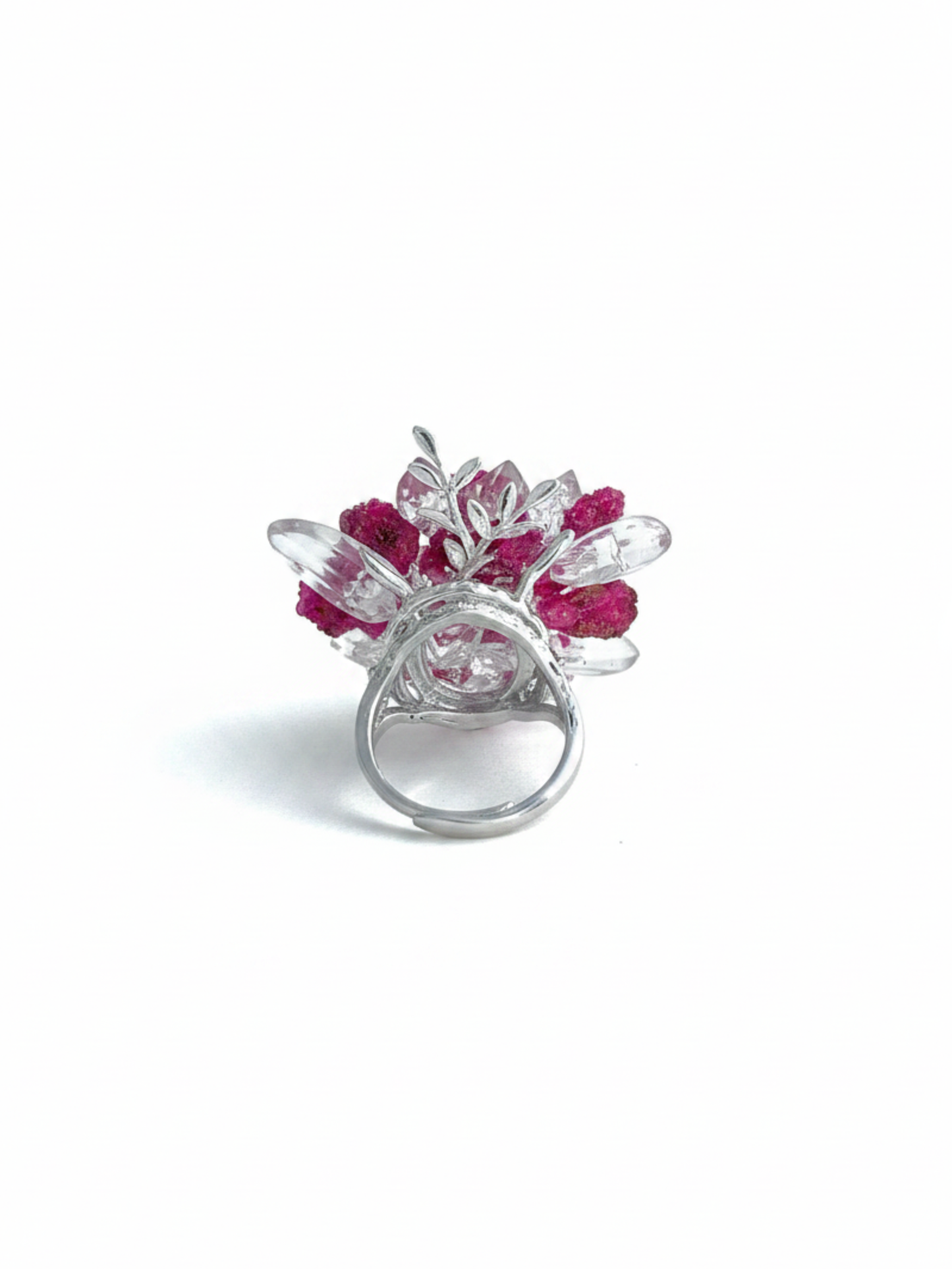 Back view of adjustable ruby and quartz flower ring