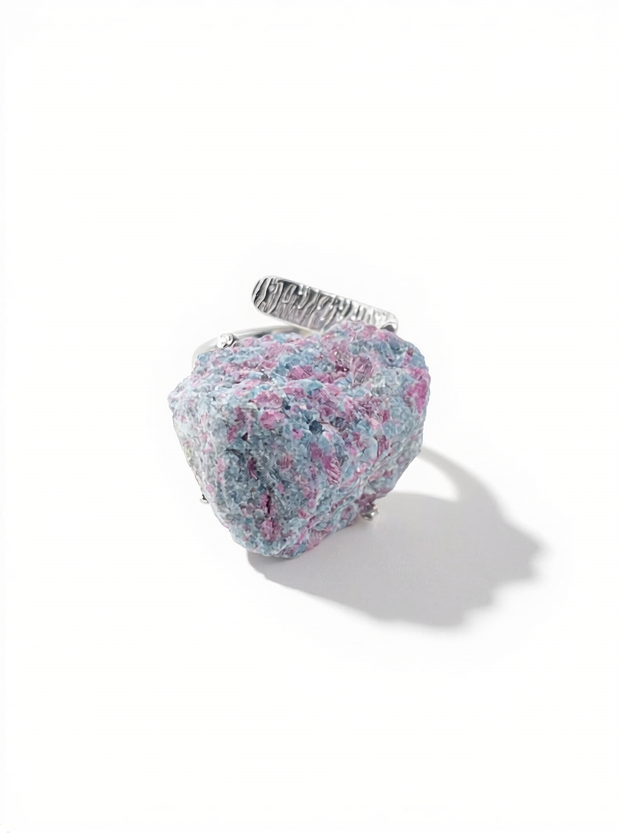 Ruby in fuchsite raw crystal ring front view