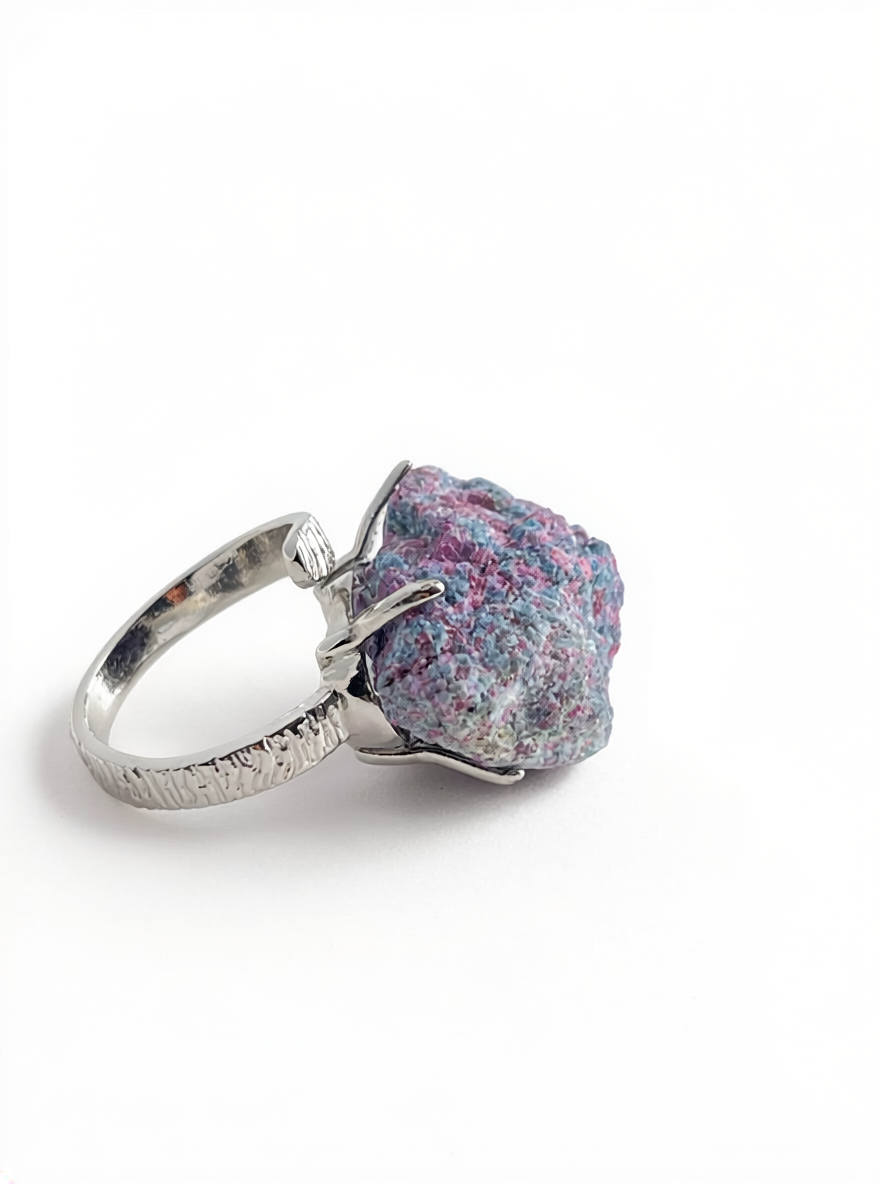 Ruby in fuchsite raw crystal ring side view