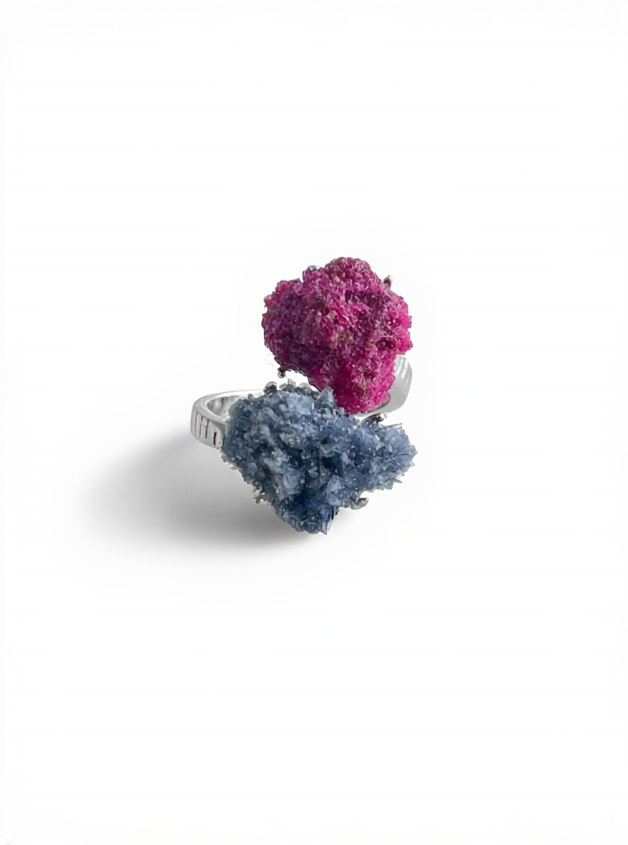 Ruby and Sapphire Mineral Specimen Ring, front view