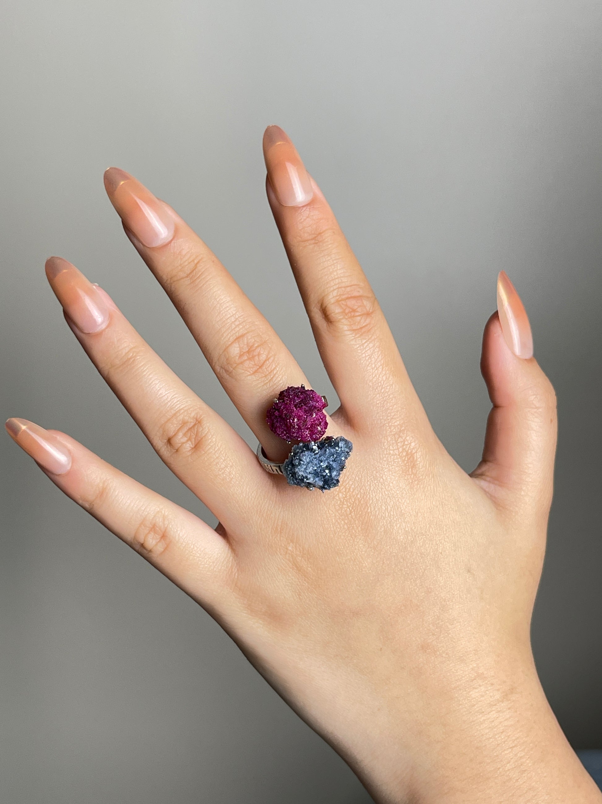 Ruby and Sapphire Mineral Specimen Ring worn on hand