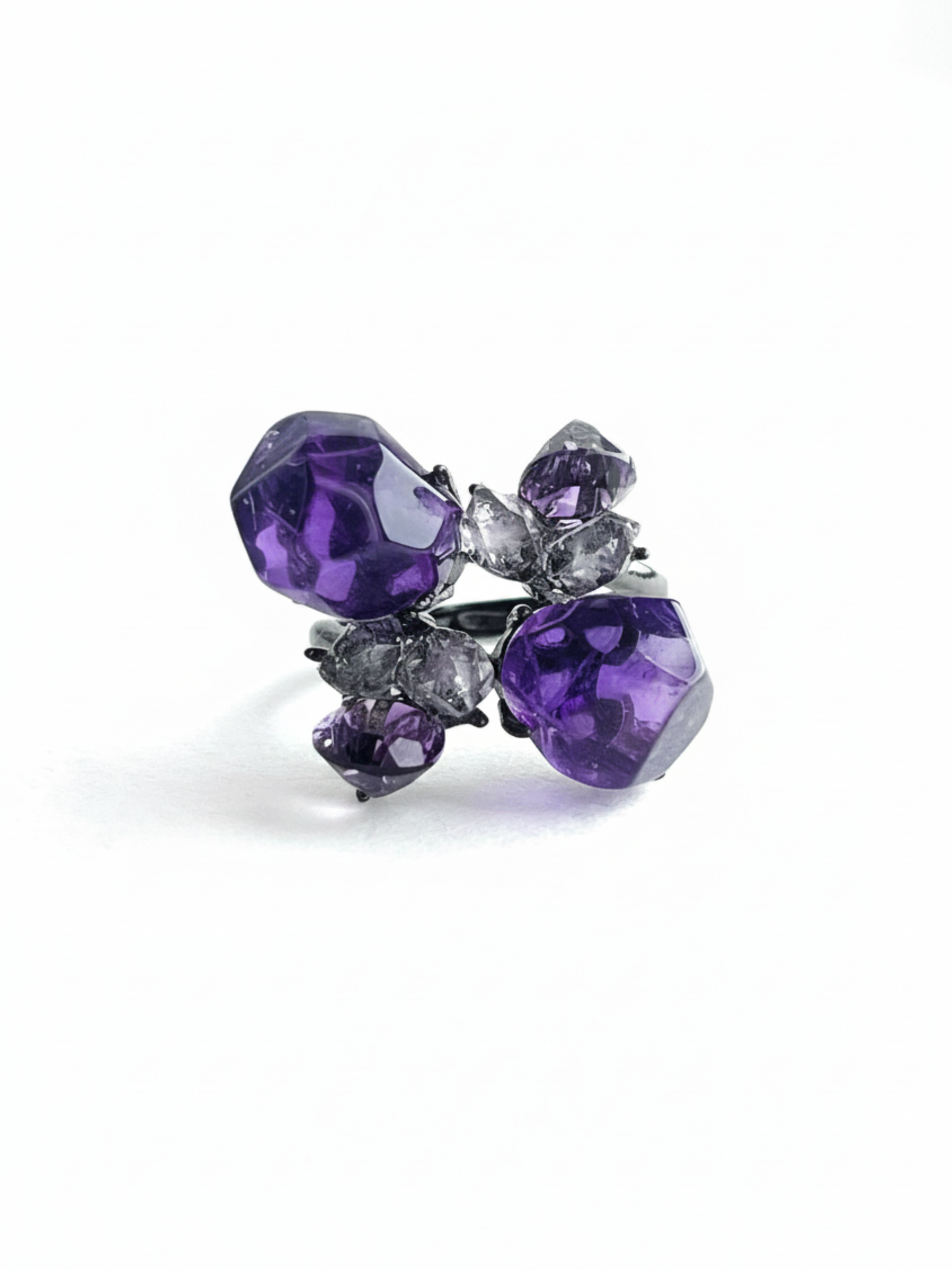 Twin Bloom Amethyst and Herkimer Diamond Quartz ring front view