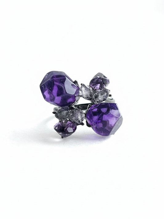 Twin Bloom Amethyst and Herkimer Diamond Quartz ring front view