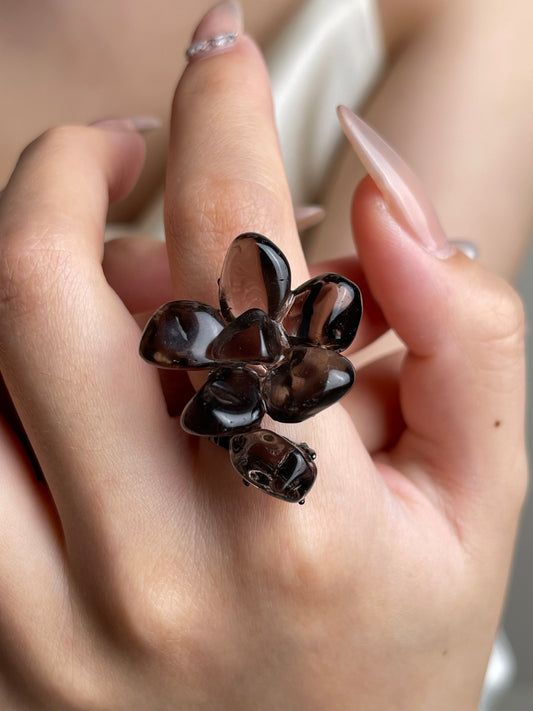 Close-up hand shot of Smoky Quartz flower ring