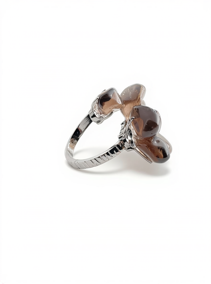 Side view of Smoky Quartz crystal flower ring