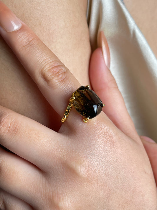 Smoky Quartz Freeform Ring, close-up on hand