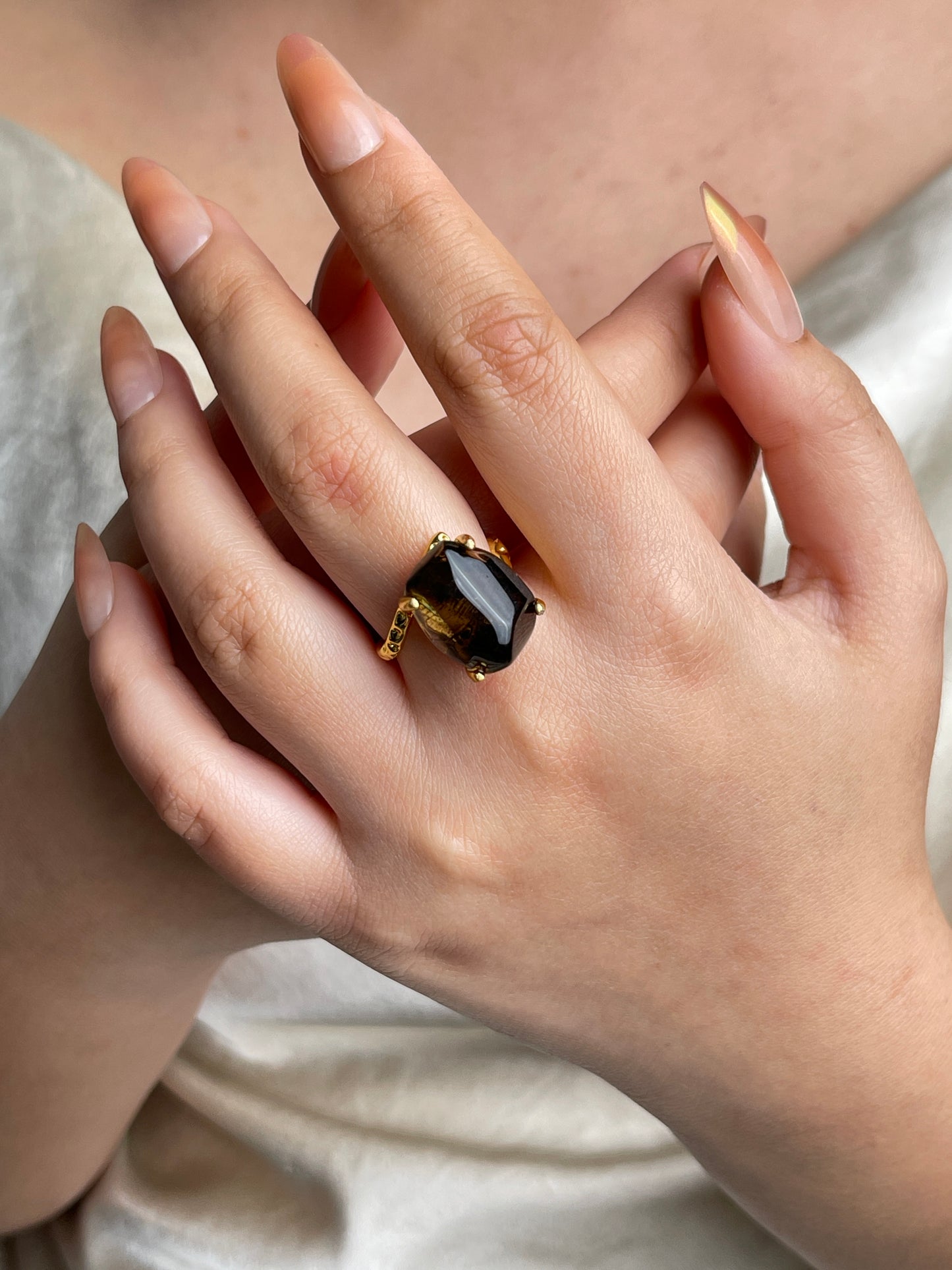 Smoky Quartz Freeform Ring worn on hand
