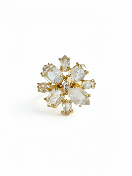 Snowfall Herkimer Diamond Quartz flower ring front view