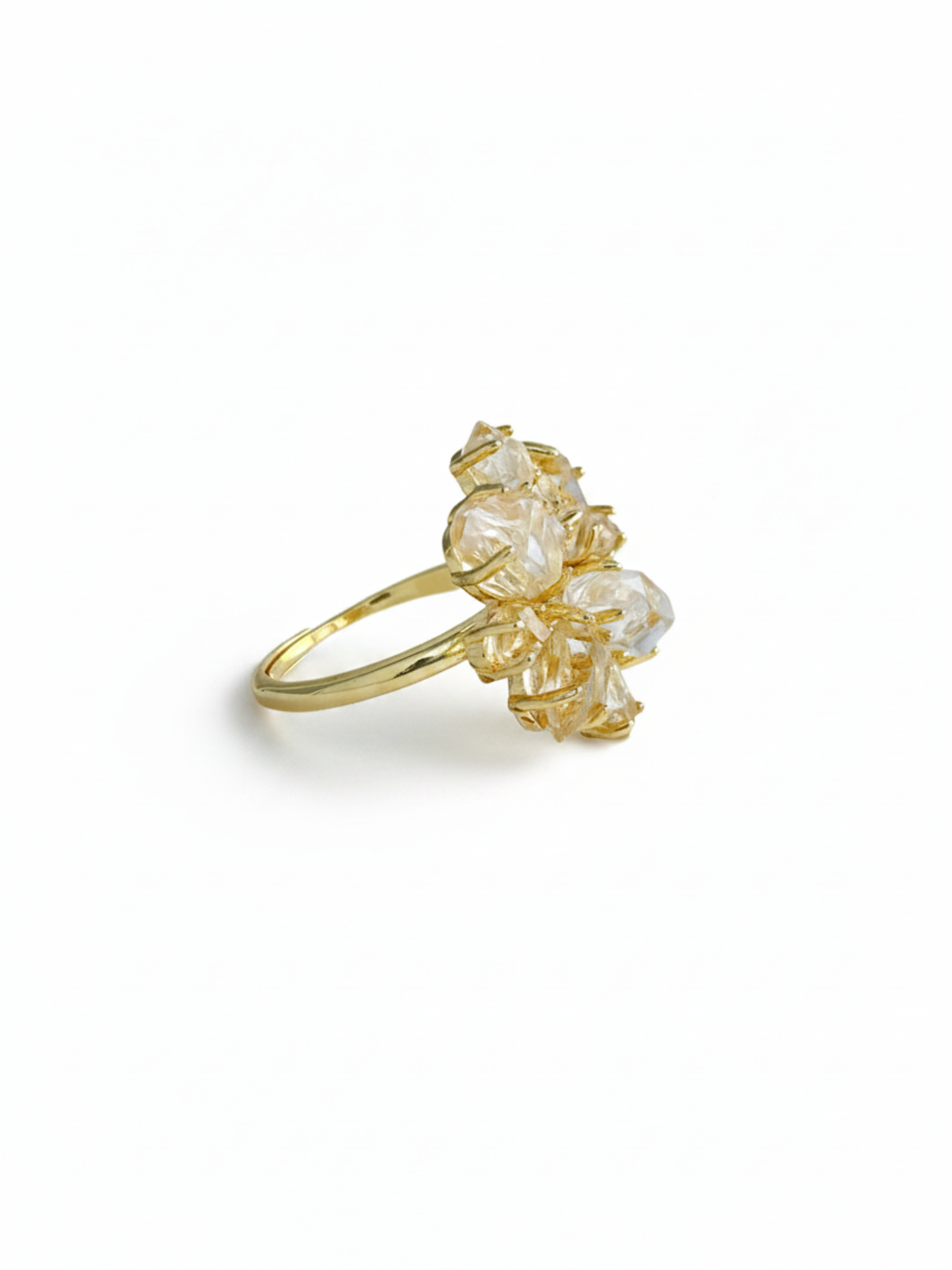 Side view of Snowfall Herkimer Diamond Quartz flower ring