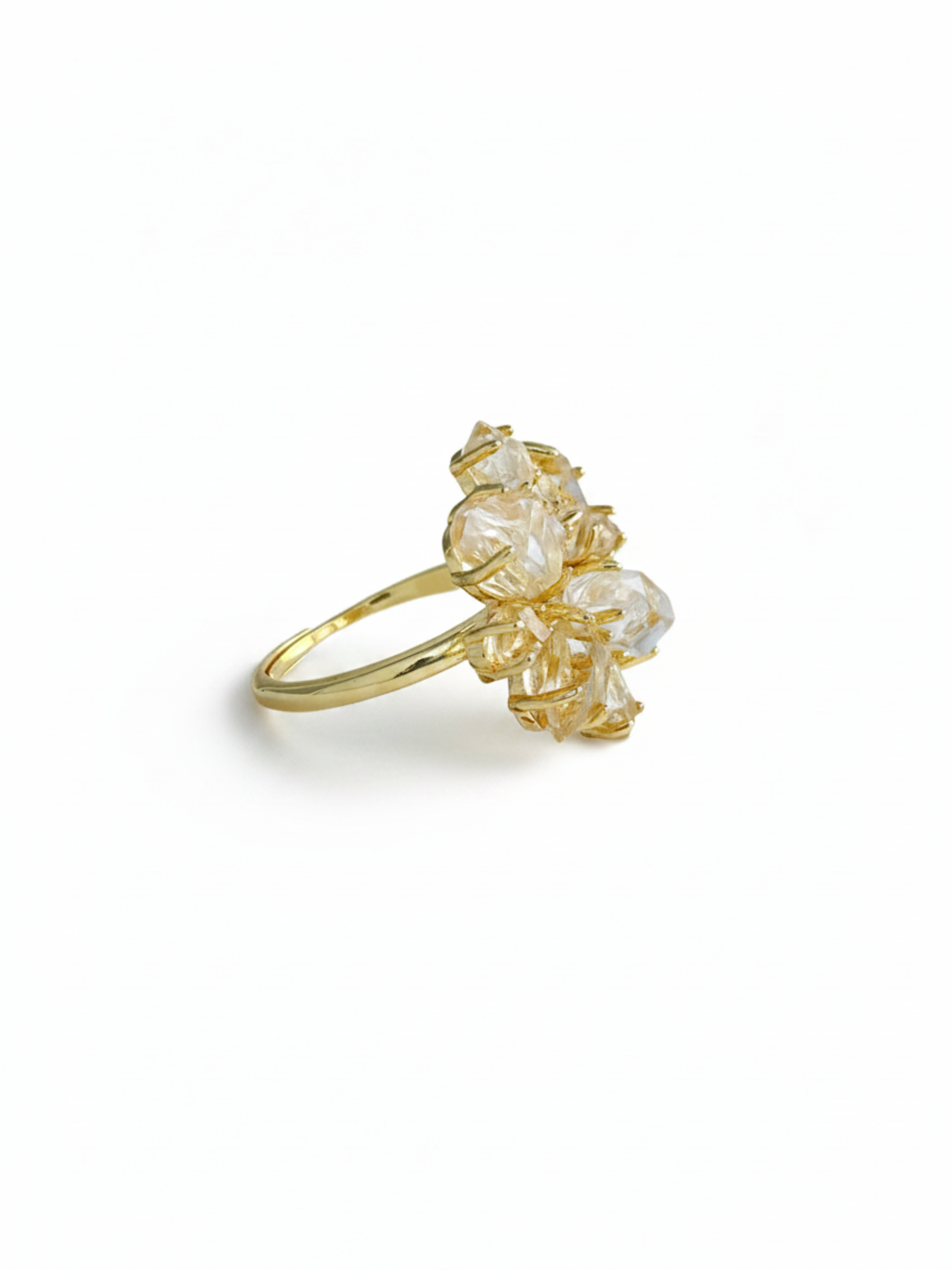 Side view of Snowfall Herkimer Diamond Quartz flower ring