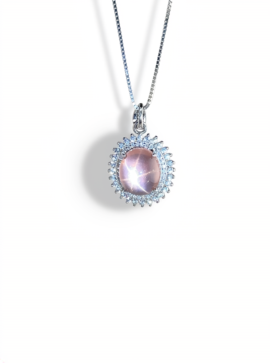 Star rose quartz necklace Madagascar sterling silver front view
