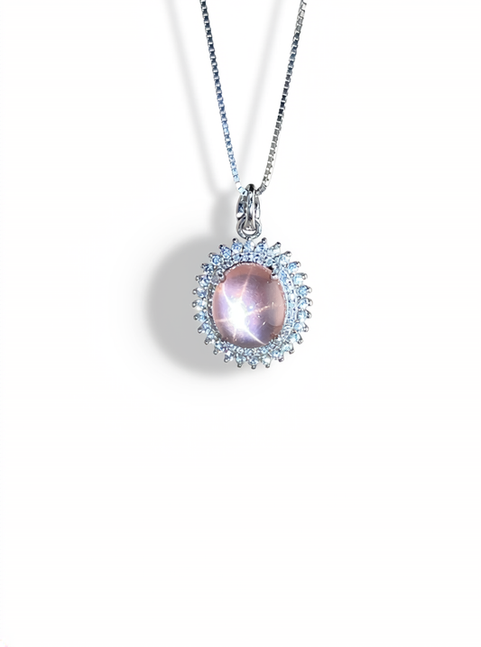 Star rose quartz necklace Madagascar sterling silver front view