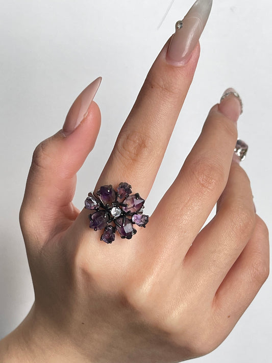close up super seven amethyst crystal blossom ring