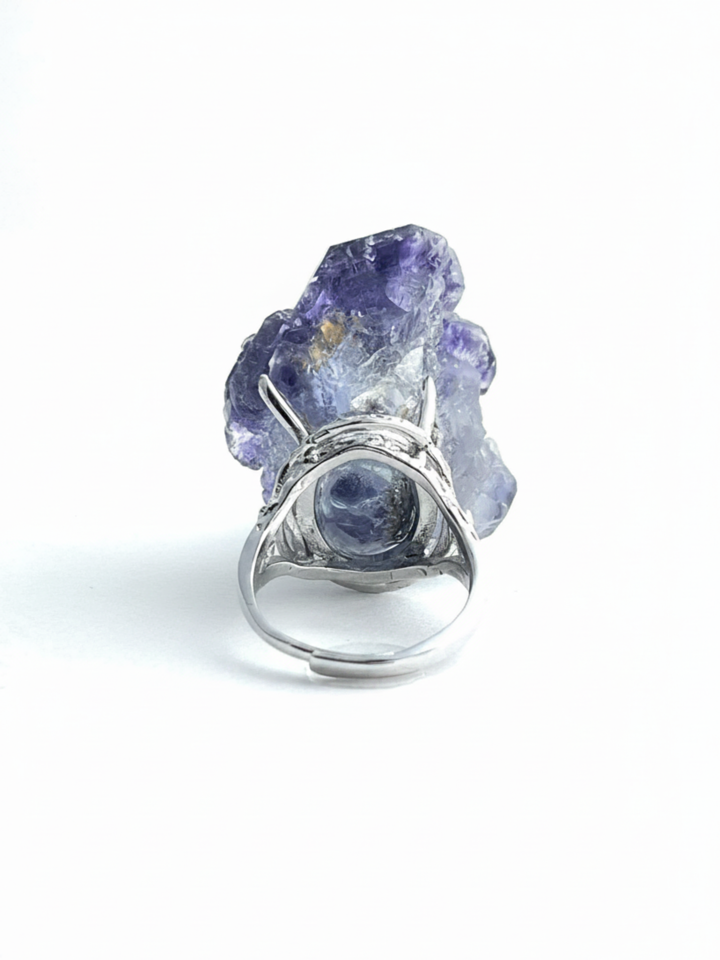Back view of Tanzanite Fluorite crystal ring with adjustable open band