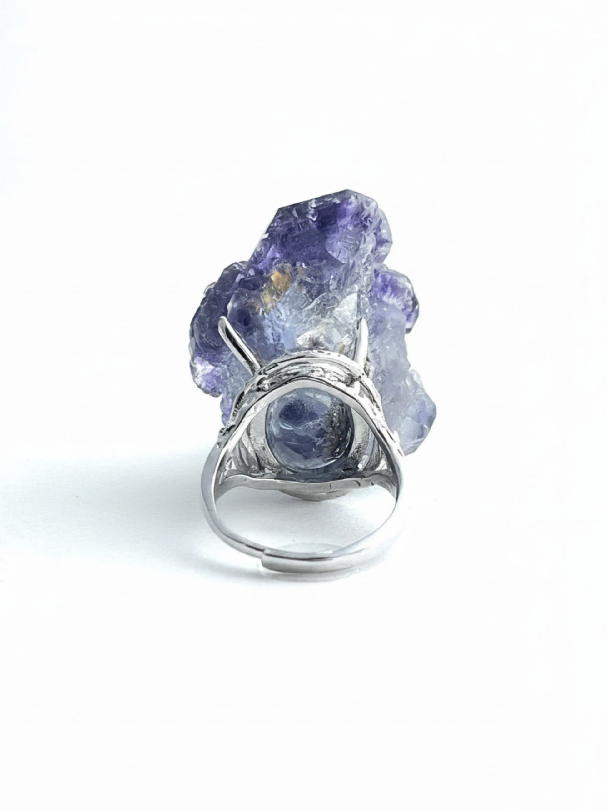 Back view of Tanzanite Fluorite crystal ring with adjustable open band