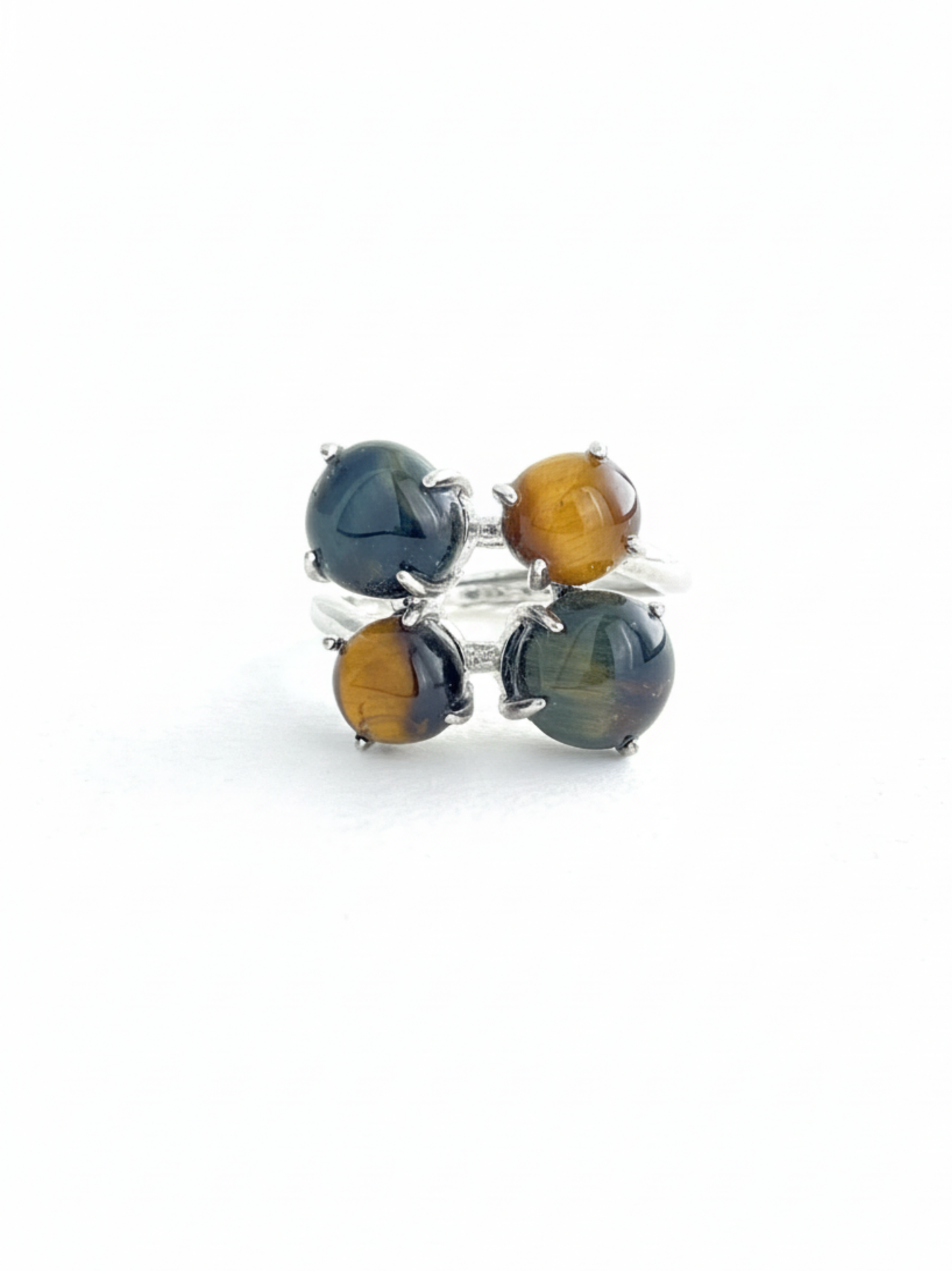Tiger’s eye and blue tiger’s eye ring front view with golden and blue chatoyant stones