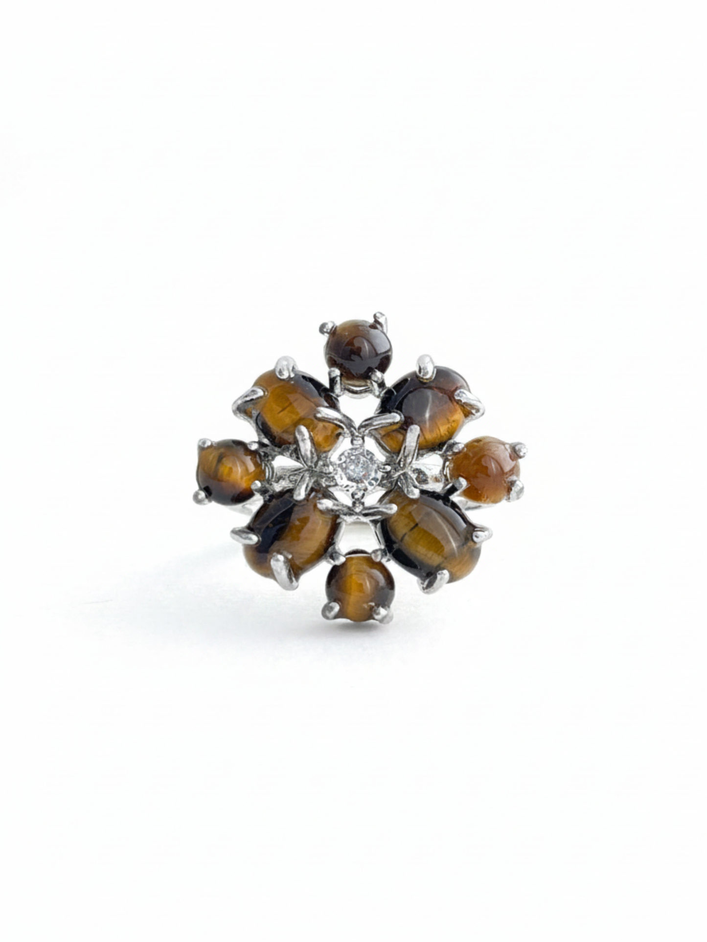 Tiger’s eye cabochon cluster ring front view