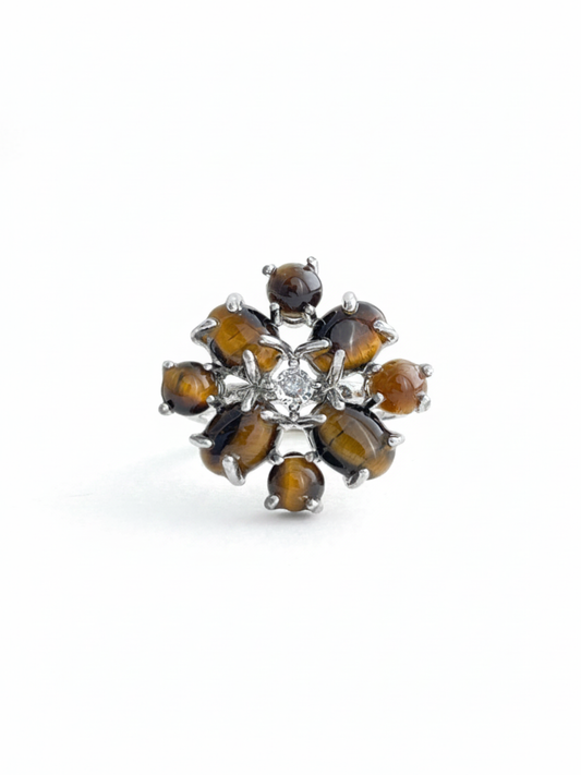Tiger’s eye cabochon cluster ring front view