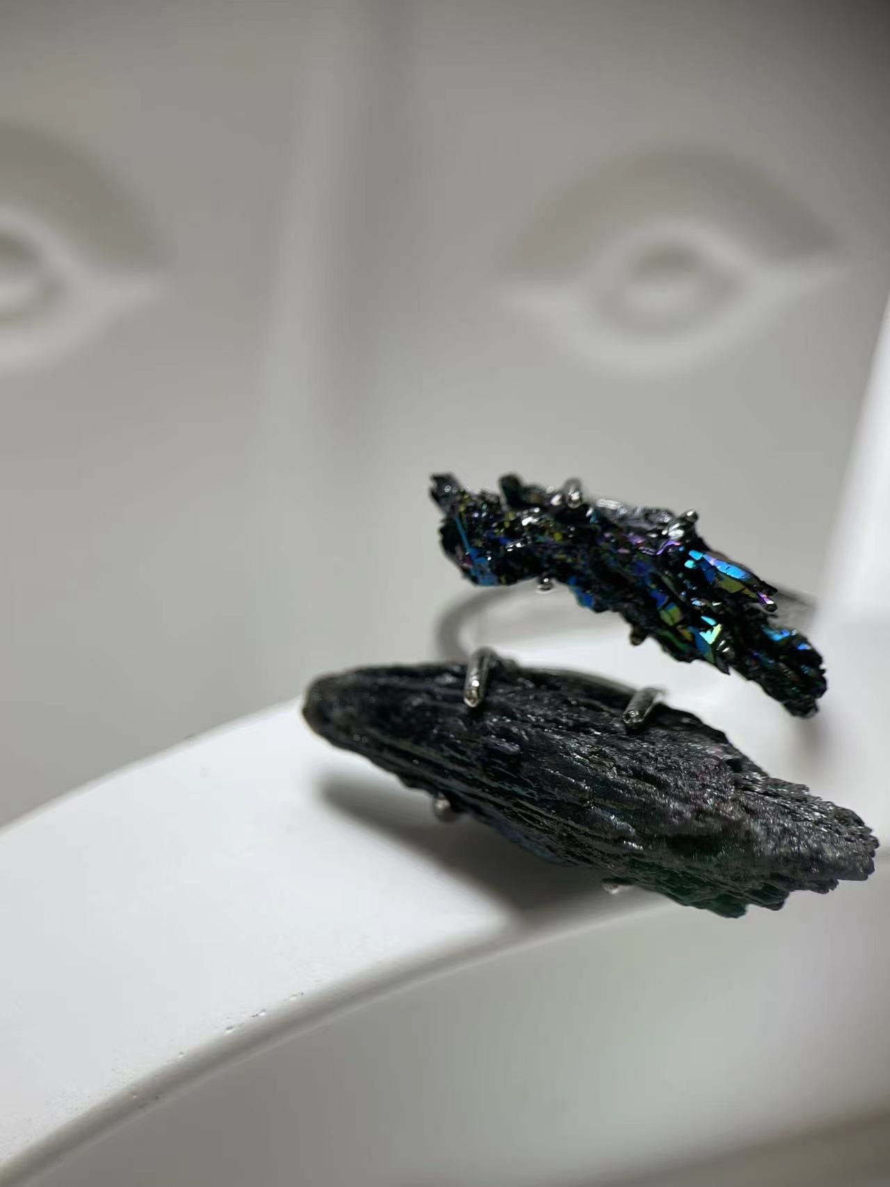 Feather Black Tourmaline & Rainbow Chalcopyrite Ring