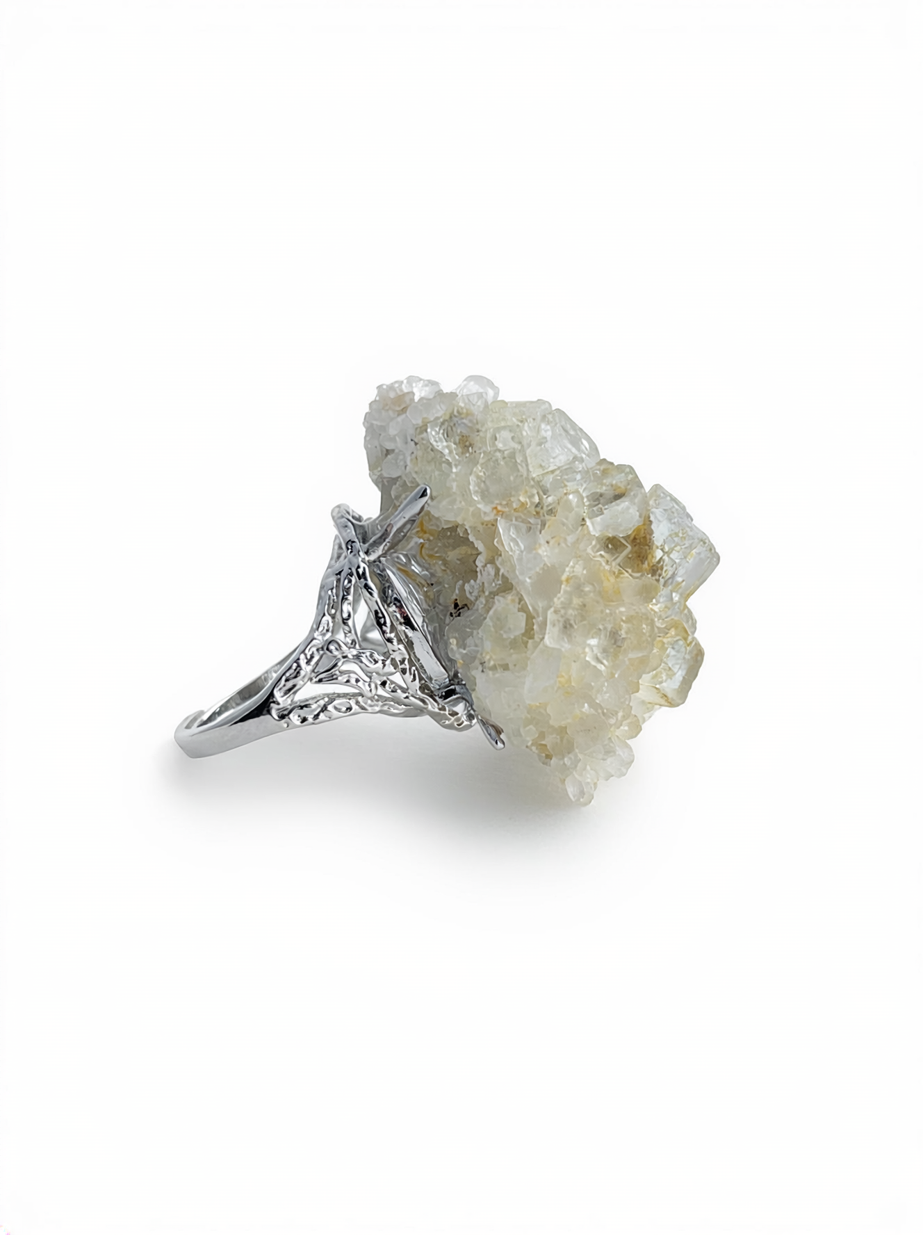 Side view of Translucent Green Fluorite Crystal Cluster Ring with palladium plated band
