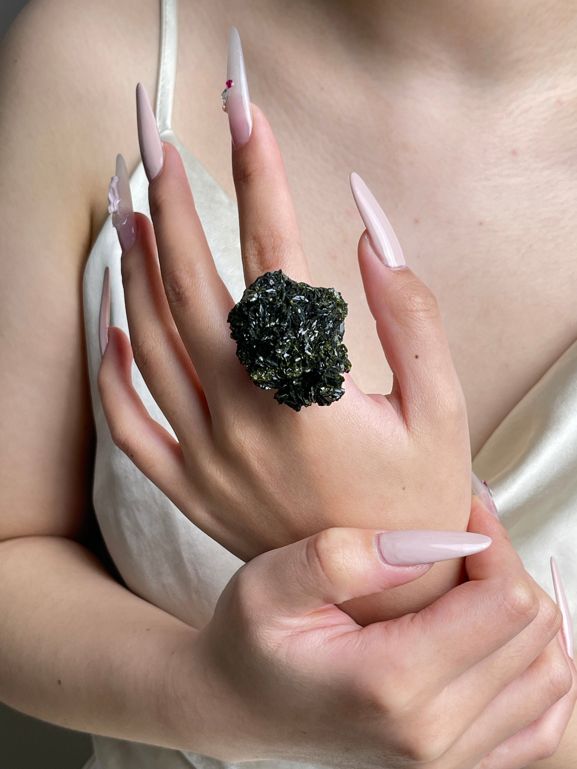 Turkish epidote mineral specimen ring worn on hand